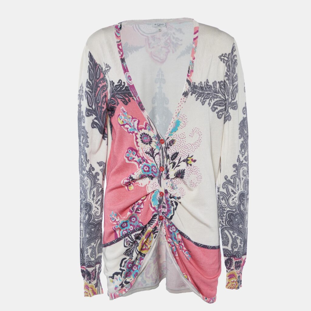 luxury-women-etro-used-clothes-p866946-004 Etro Multicolor Printed Silk Knit Button Front Cardigan M