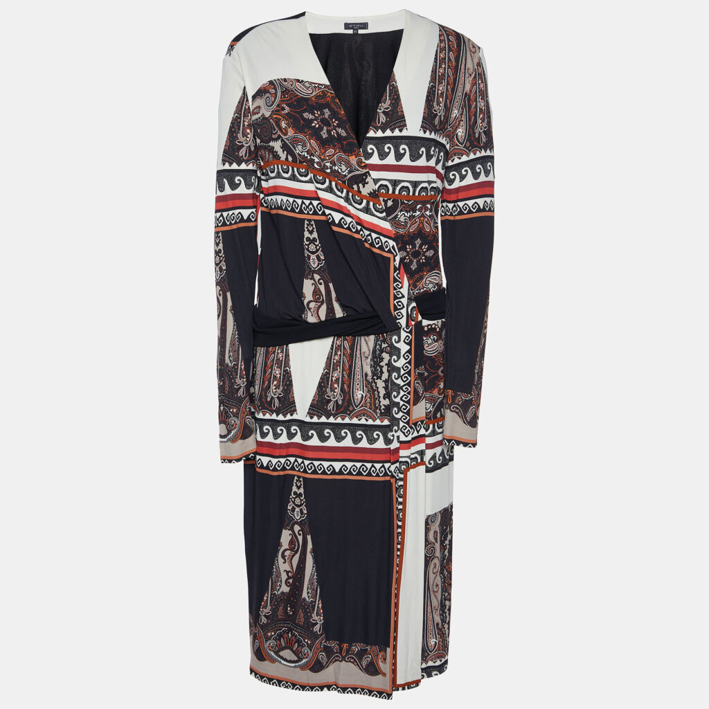 luxury-women-etro-used-clothes-p944999-001 Etro Black Paisley Print Jersey Faux Wrap Midi Dress L