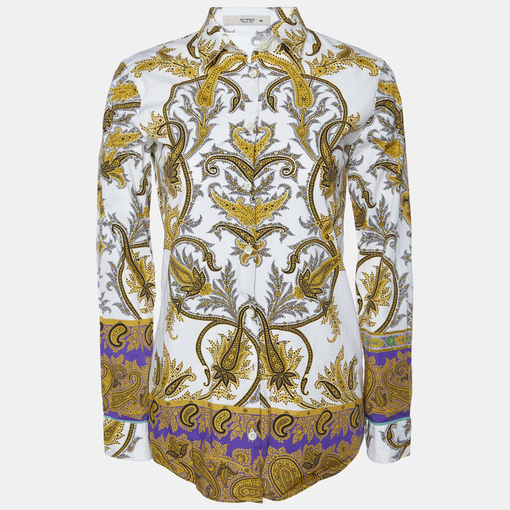 luxury-women-etro-used-clothes-p948379-006 Etro White/Yellow Paisley Print Cotton Button Front Shirt S