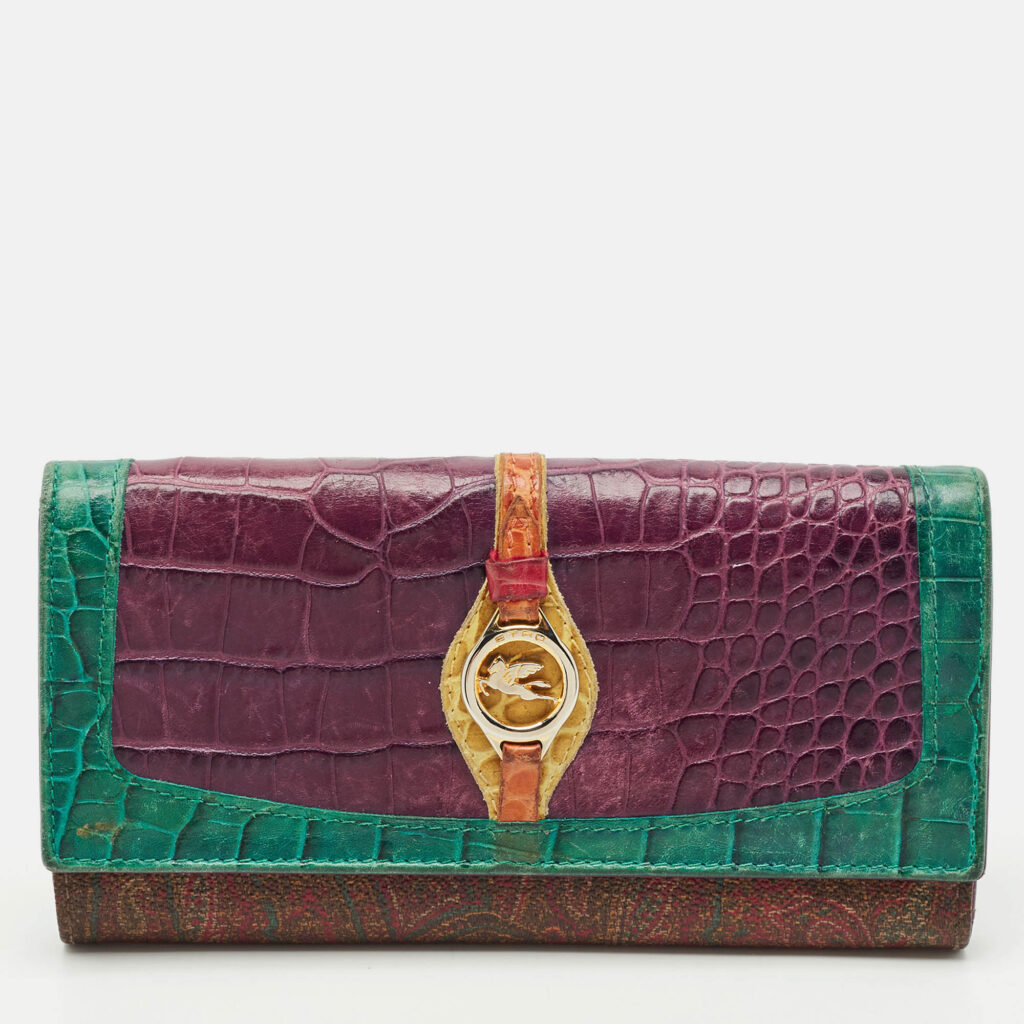 luxury-women-etro-used-handbags-p1148214-012 Etro Multicolor/Paisley Coated Canvas and Croc Embossed Logo Continental Wallet