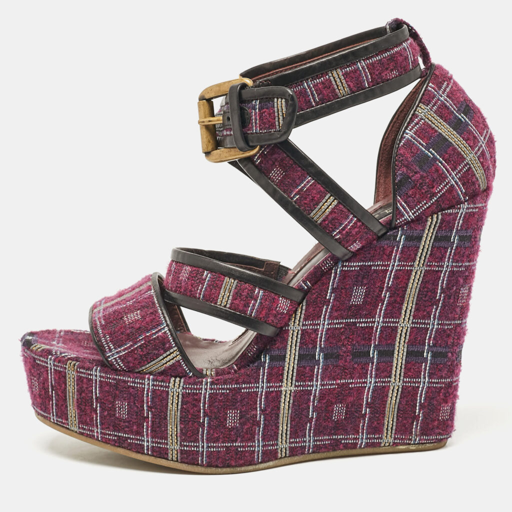 luxury-women-etro-used-shoes-p1079593-002 Etro Magenta Pink/Black Tweed and Leather Platform Wedge Sandals Size 40