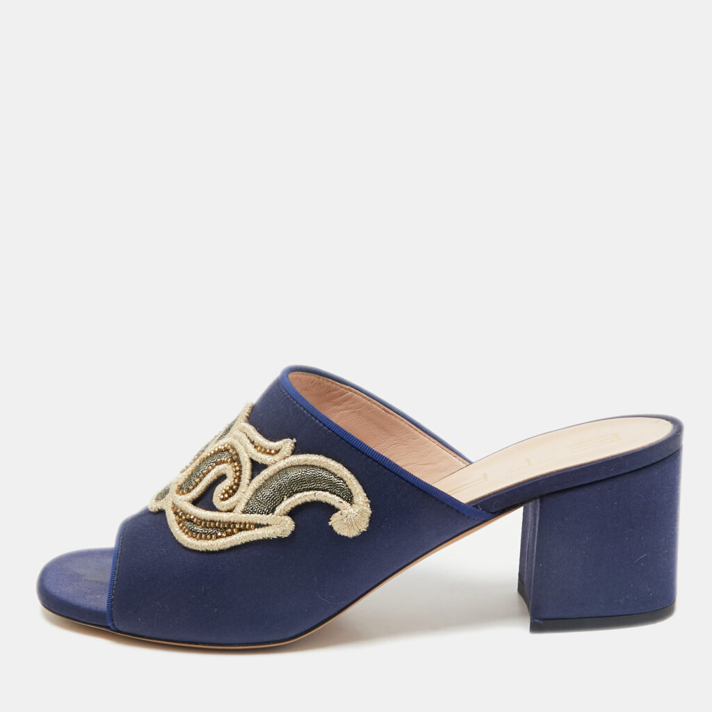 luxury-women-etro-used-shoes-p1161478-001 Etro Navy Blue Satin Slide Sandals Size 40