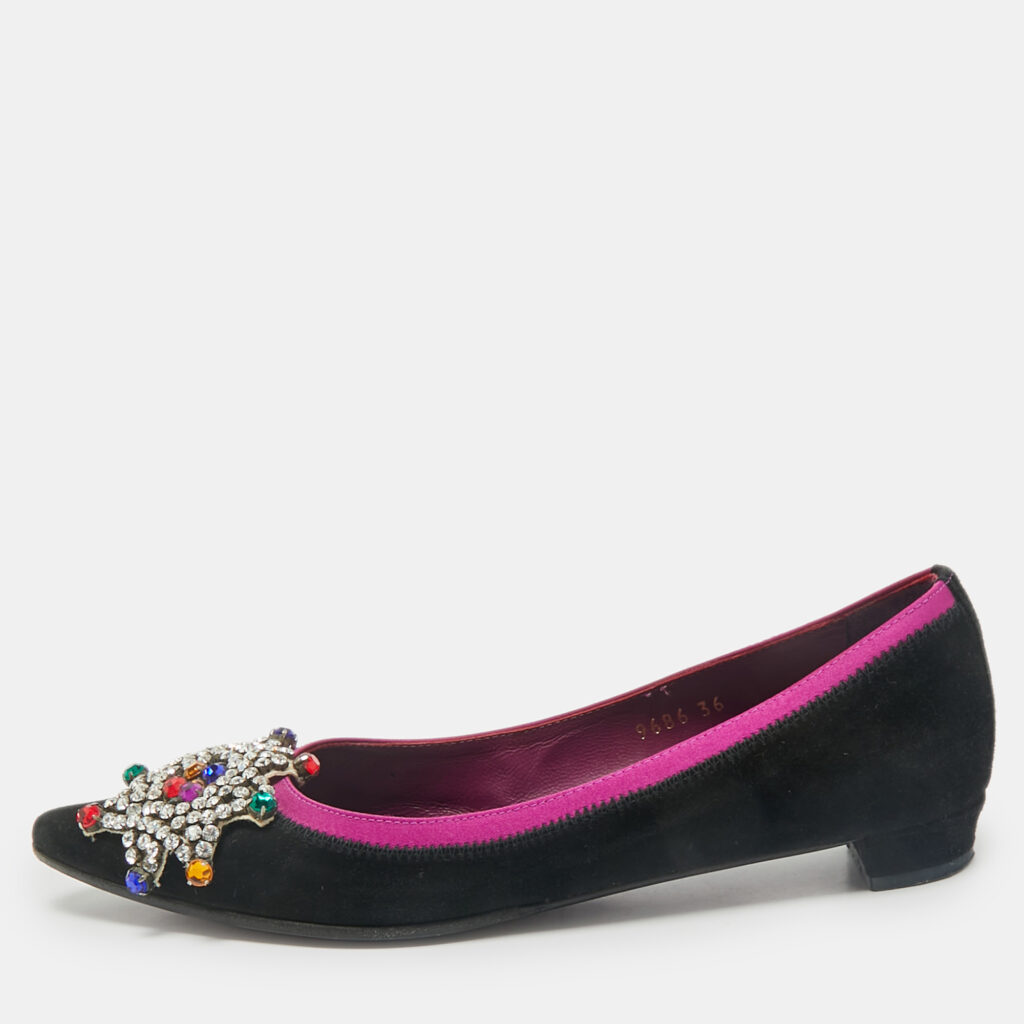 luxury-women-etro-used-shoes-p1167331-001 Etro Black/Purple Suede and Satin Crystal Embellished Ballet Flats Size 36