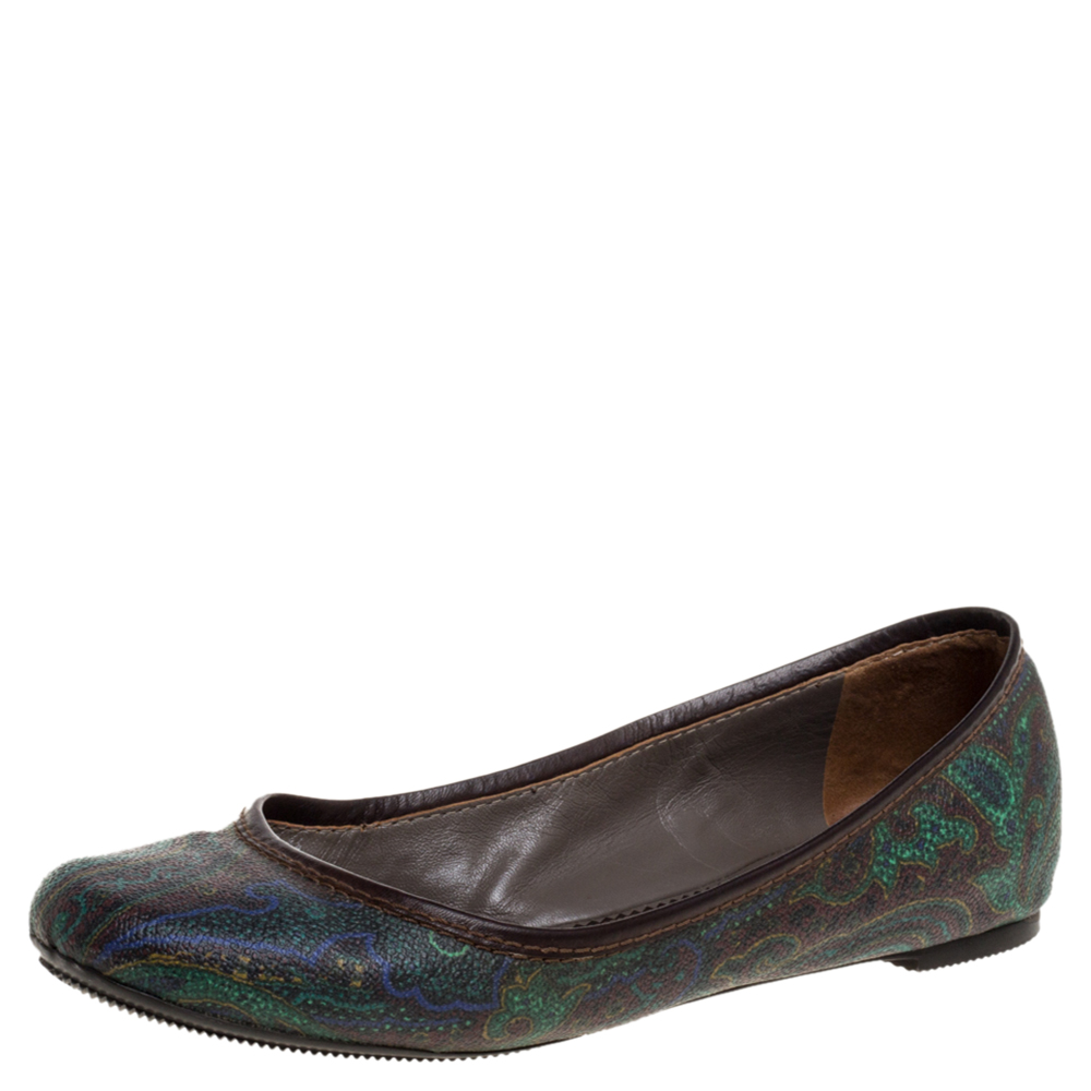 luxury-women-etro-used-shoes-p375824-007 Etro Paisley Multicolor Printed Coated Canvas And Leather Trim Ballet Flats Size 38