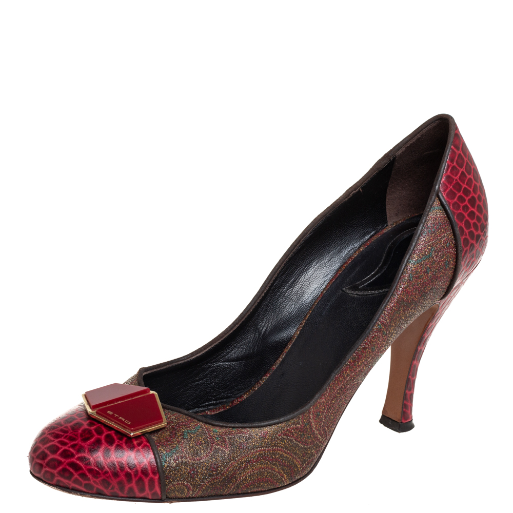 luxury-women-etro-used-shoes-p413946-006 Etro Red/Brown Croc Embossed And Coated Canvas Bow Detail Pumps Size 40