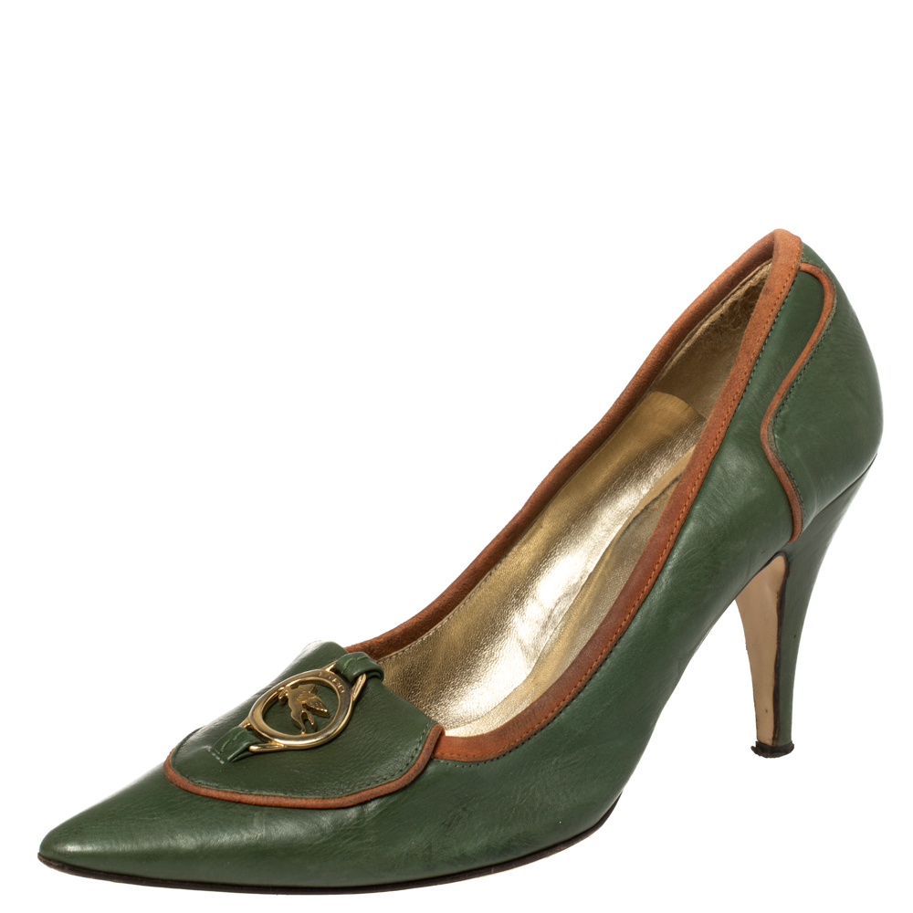 luxury-women-etro-used-shoes-p426084-010 Etro Green Leather Logo Embellished Pointed Toe Pumps Size 38.5