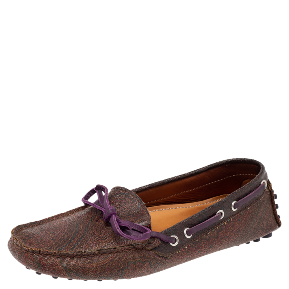 luxury-women-etro-used-shoes-p515021-006-1 Etro Brown Paisley Print Coated Canvas Bow Slip On Loafers Size 38