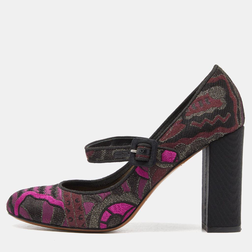 Etro Purple/Black Brocade Fabric Block Heel Pumps Size 37