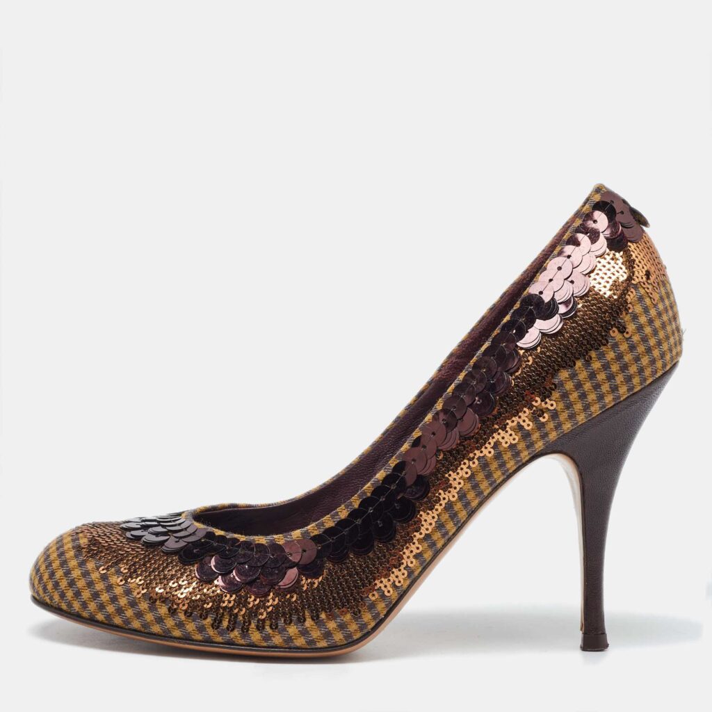 luxury-women-etro-used-shoes-p982150-003 Etro Brown Sequins and Sequins Round Toe Pumps Size 40