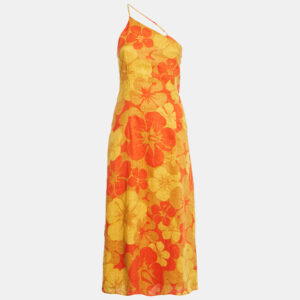 Faithfull The Brand Yellow/Orange Floral Print Linen Soko Midi Dress S