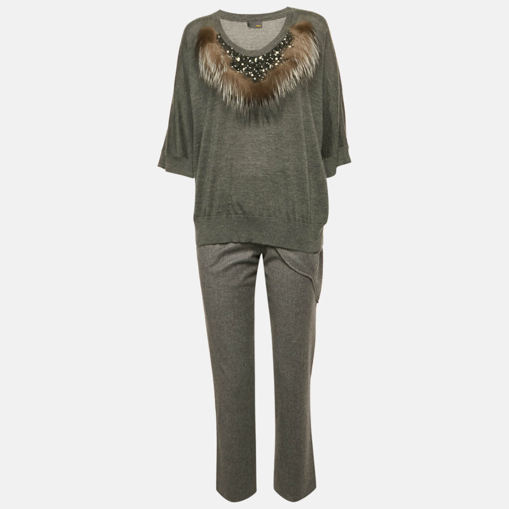 luxury-women-fendi-new-clothes-p1153811-001 Fendi Grey Fur Trim Cashmere and Wool Knit Top and Pants Set S