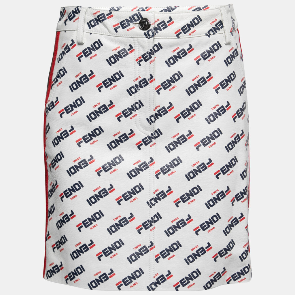 luxury-women-fendi-new-clothes-p761423-009 Fendi White All Over Logo Print Leather Mini Skirt M