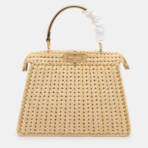 Fendi Beige Woven Leather and Straw Peekaboo Medium Iseeu Top Handle Bag