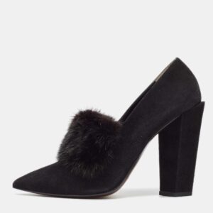 Fendi Black Mink Fur and Suede Block Heel Pumps Size 39