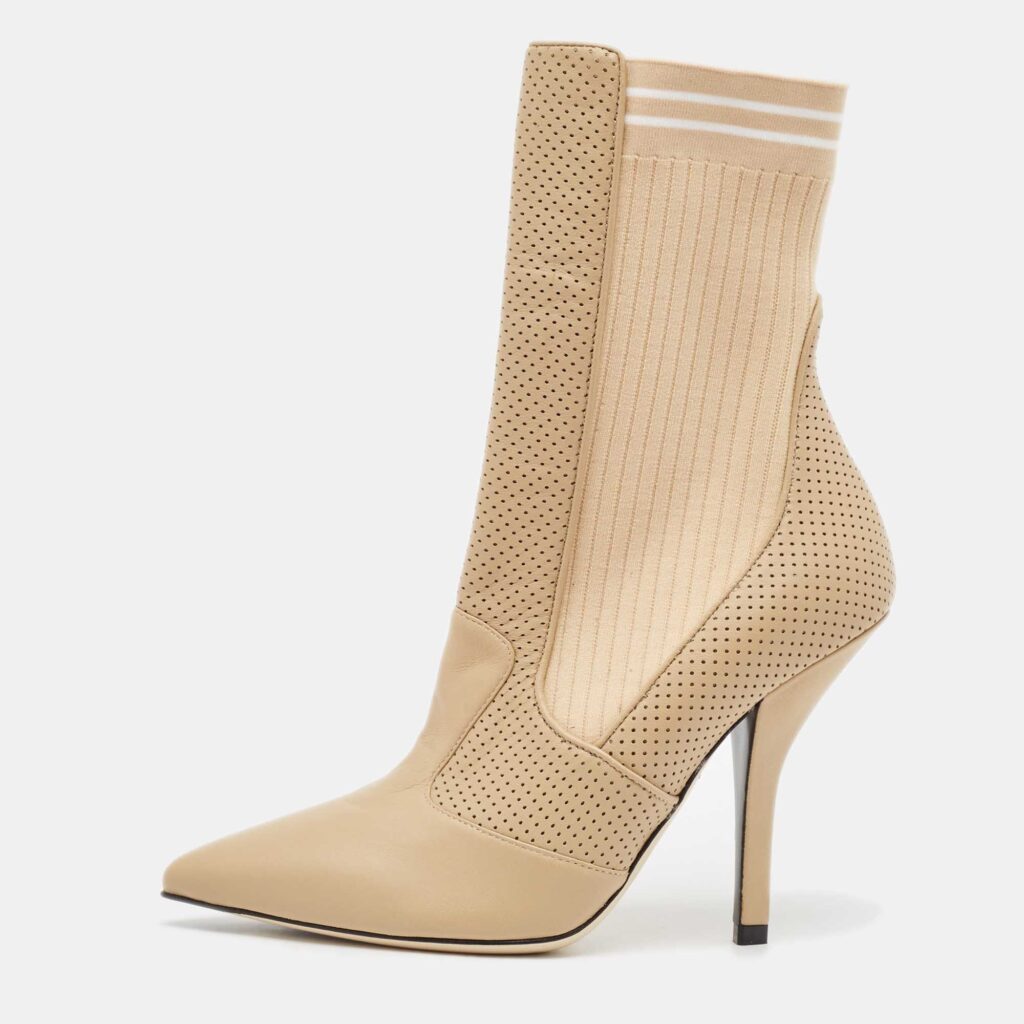luxury-women-fendi-new-shoes-p1075459-003 Fendi Beige Leather and Fabric Rockoko Ankle Length Boots Size 39