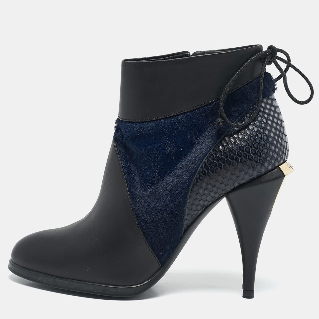 Fendi Black/Blue Leather and Calf Hair Ankle Booties Size 36.5