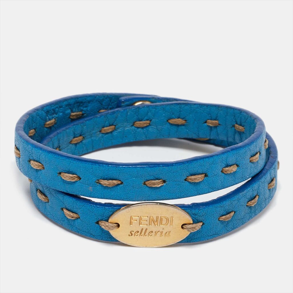 Fendi Selleria Blue Leather Double Wrap Bracelet