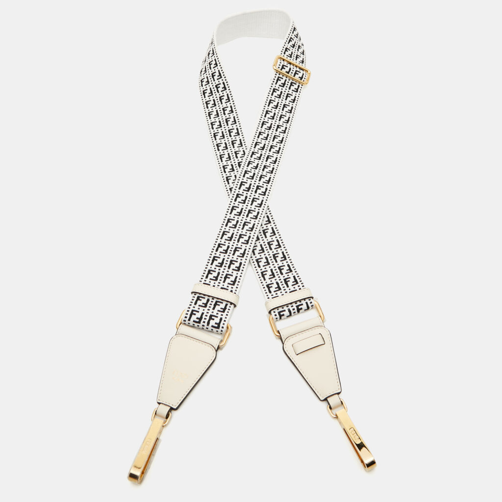 luxury-women-fendi-used-accessories-p1068437-001 Fendi White/Black Zucchino Fabric and Leather Bag Shoulder Strap