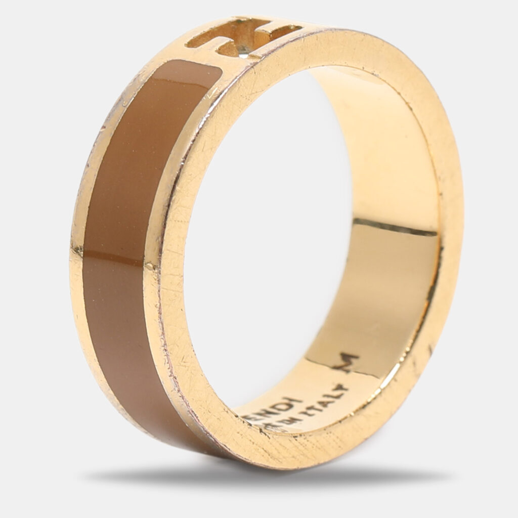 luxury-women-fendi-used-accessories-p1080679-006 Fendi The Fendista Bi-color Enamel Gold Tone Band Ring Size 55