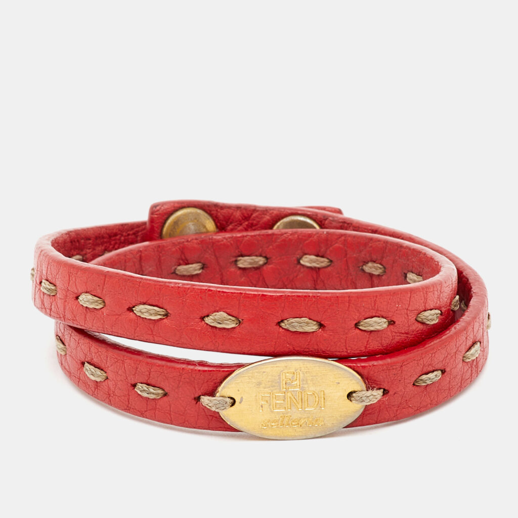 luxury-women-fendi-used-accessories-p1138709-001 Fendi Selleria Red Leather Gold Tone Double Wrap Bracelet