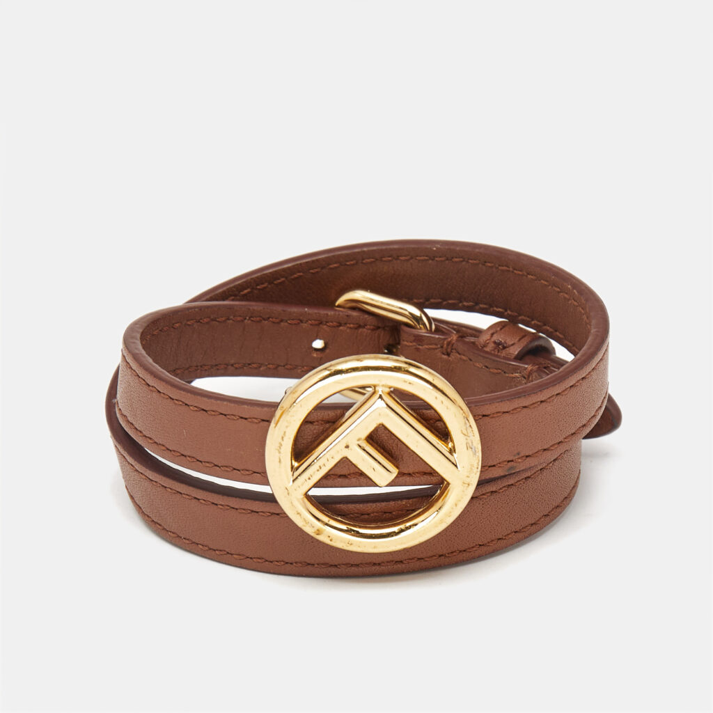 Fendi F Is Fendi Brown Leather Gold Tone Double Wrap Bracelet S