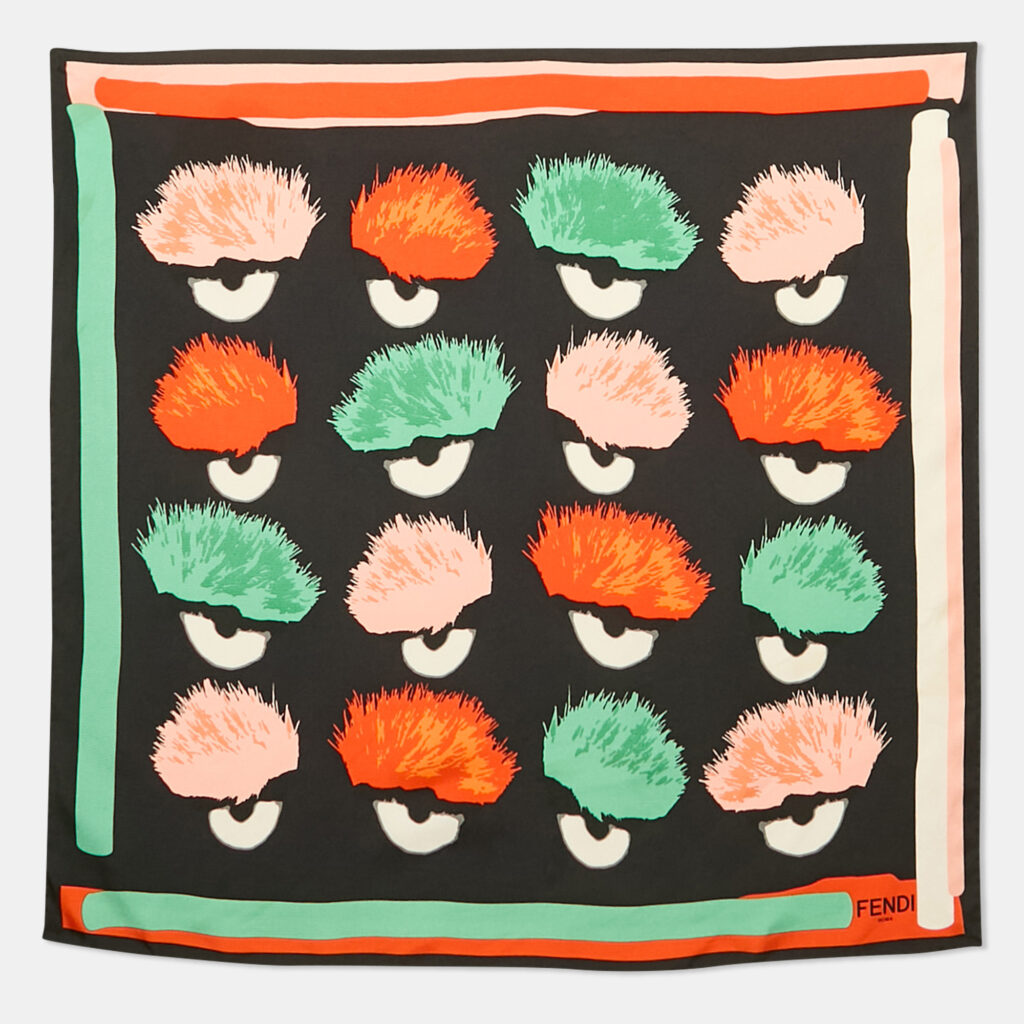 luxury-women-fendi-used-accessories-p1157977-003 Fendi Black Abstract Pom Pom Print Silk Monster Square Scarf