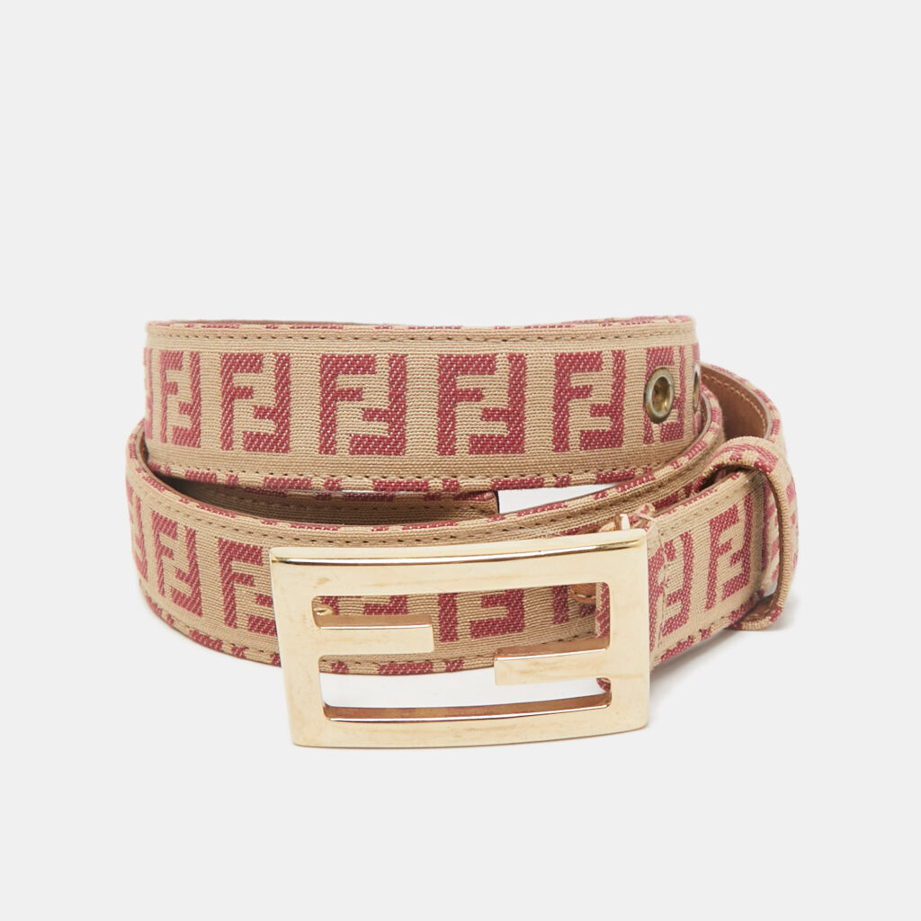 luxury-women-fendi-used-accessories-p1162268-001 Fendi Pink/Beige Zucchino Fabric FF Buckle Belt 95CM