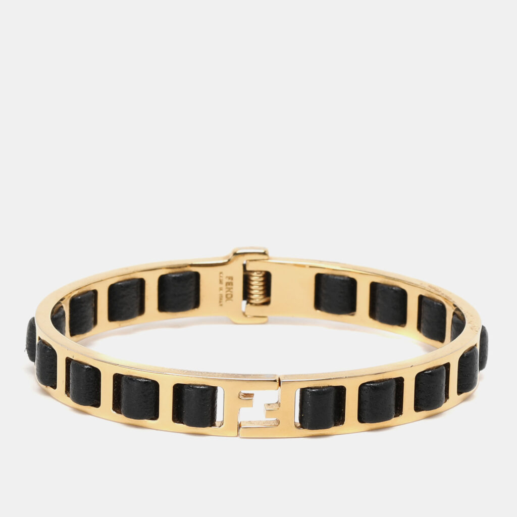 luxury-women-fendi-used-accessories-p1162361-001 Fendi Fendista Black Leather Gold Tone Bracelet