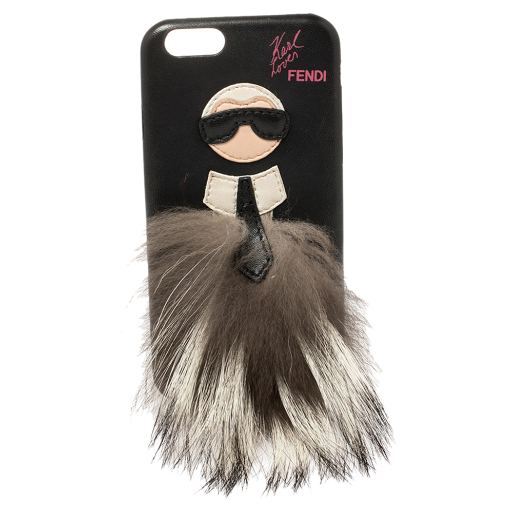 luxury-women-fendi-used-accessories-p419046-004 Fendi Black Leather and Fox Fur Karlito iPhone 6 Case