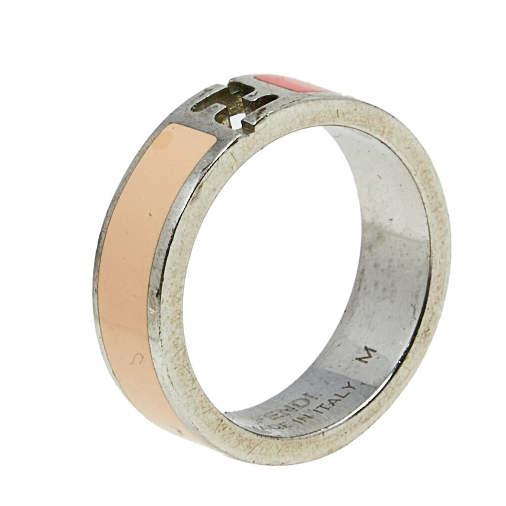 luxury-women-fendi-used-accessories-p601521-005-2 Fendi The Fendista Bi-color Enamel Silver Tone Band Ring Size 55