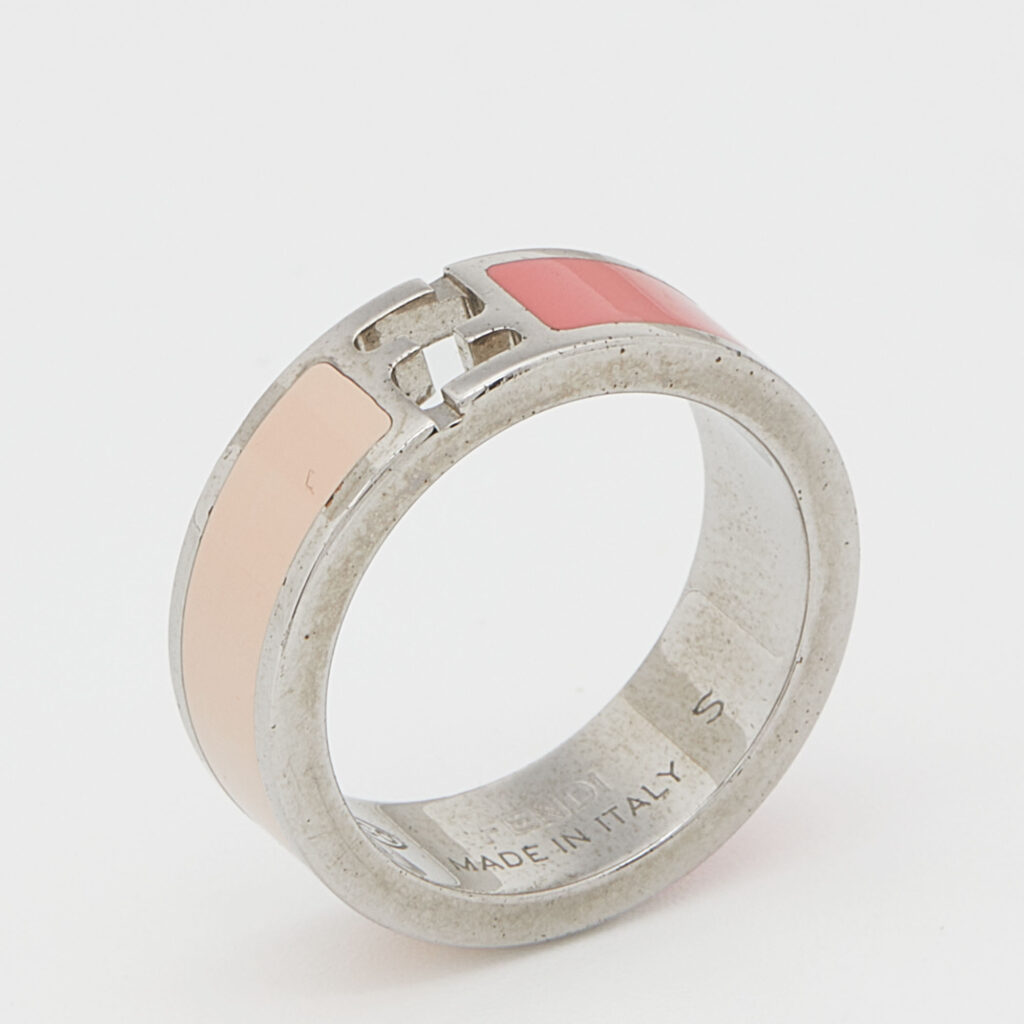 luxury-women-fendi-used-accessories-p637725-001-1 Fendi The Fendista Bi-color Enamel Silver Tone Band Ring Size 50
