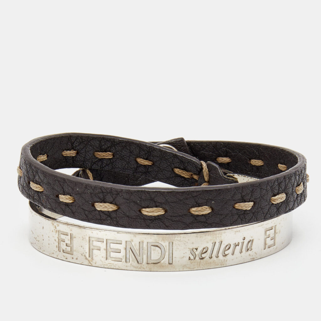 luxury-women-fendi-used-accessories-p837109-004 Fendi Selleria Silver Tone Cuff & Metallic Leather Double Wrap Bracelet