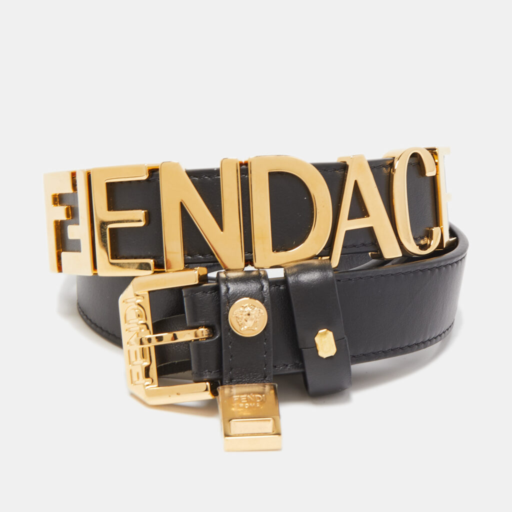luxury-women-fendi-used-accessories-p858038-001 Fendi x Versace Black Leather Logo Letters Buckle Belt 105CM