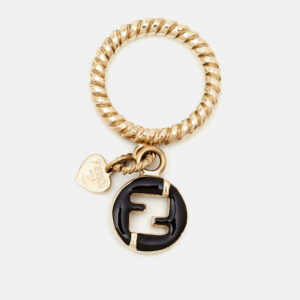 Fendi FF Black Enamel Charm Gold Tone Ring Size 56