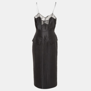 Fendi Black Quilted Silk Lace Trimmed Midi Dress M