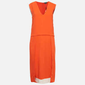 Fendi Orange Crepe V-Neck Pleated Midi Dress S
