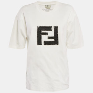 Fendi White Logo Embellished Cotton Crew Neck T-Shirt M