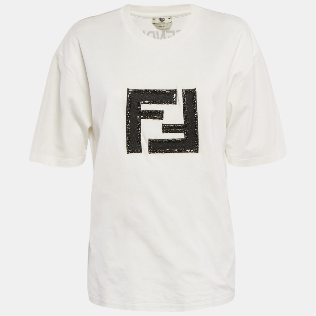 Fendi White Logo Embellished Cotton Crew Neck T-Shirt M