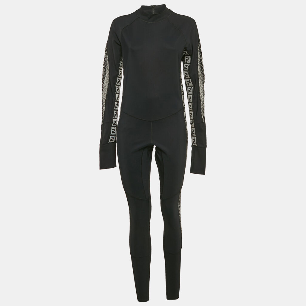 luxury-women-fendi-used-clothes-p1132129-005 Fendi Black FF Logo Print Jersey Trimmed Jumpsuit M