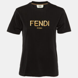 Fendi Black Metallic Logo Embroidered Cotton Crew Neck T-Shirt M