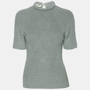 Fendi Mint Blue Knit High Neck Half Sleeve T-Shirt M