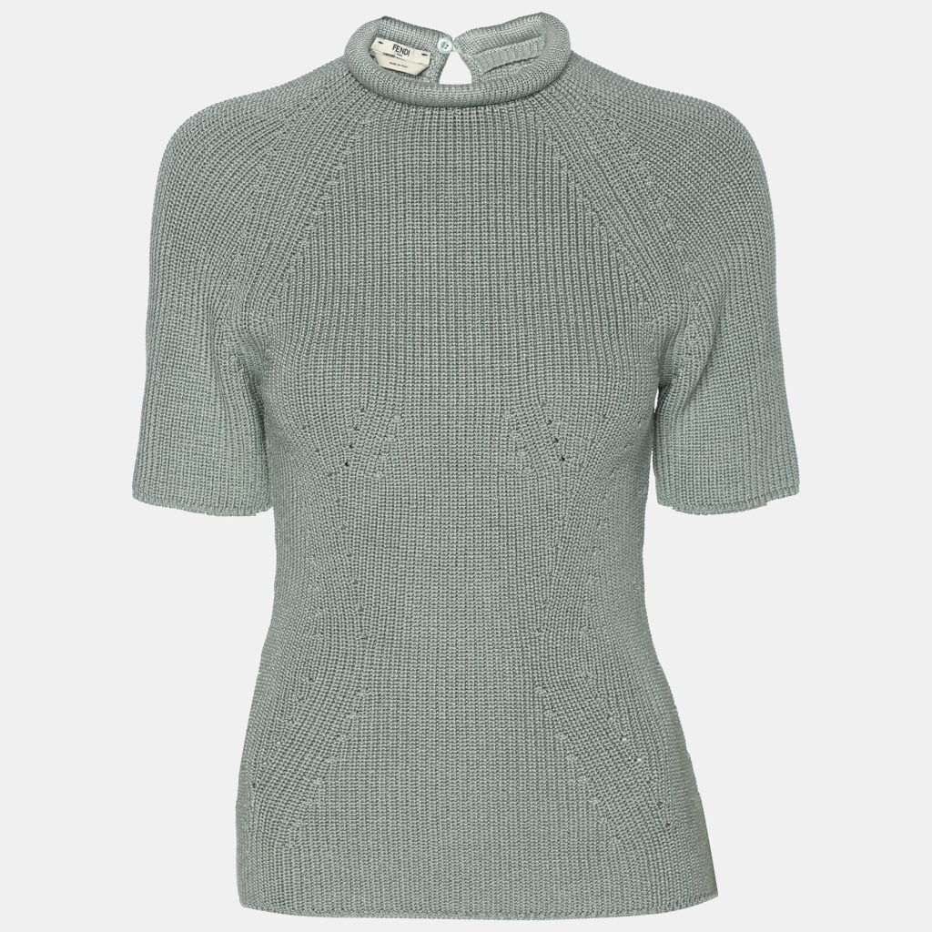 luxury-women-fendi-used-clothes-p1139074-002 Fendi Mint Blue Knit High Neck Half Sleeve T-Shirt M