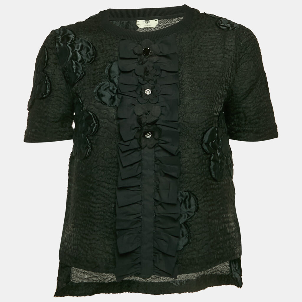 Fendi Black Floral Embroidered Wool Blend Blouse S