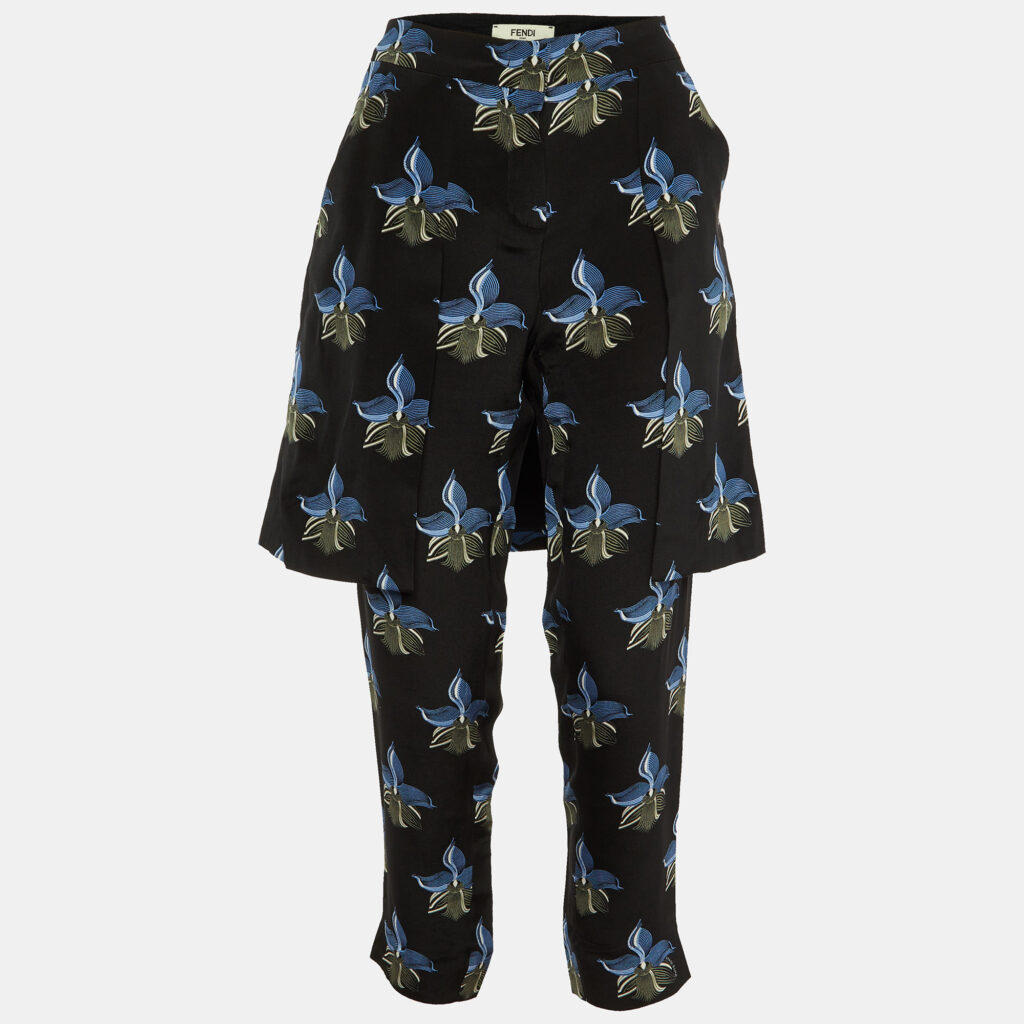 luxury-women-fendi-used-clothes-p1152300-001 Fendi Black Floral Print Silk Overlay Trousers S
