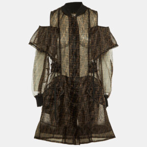 Fendi Brown Zucca Monogram Organza Sheer Cold Shoulder Coat S