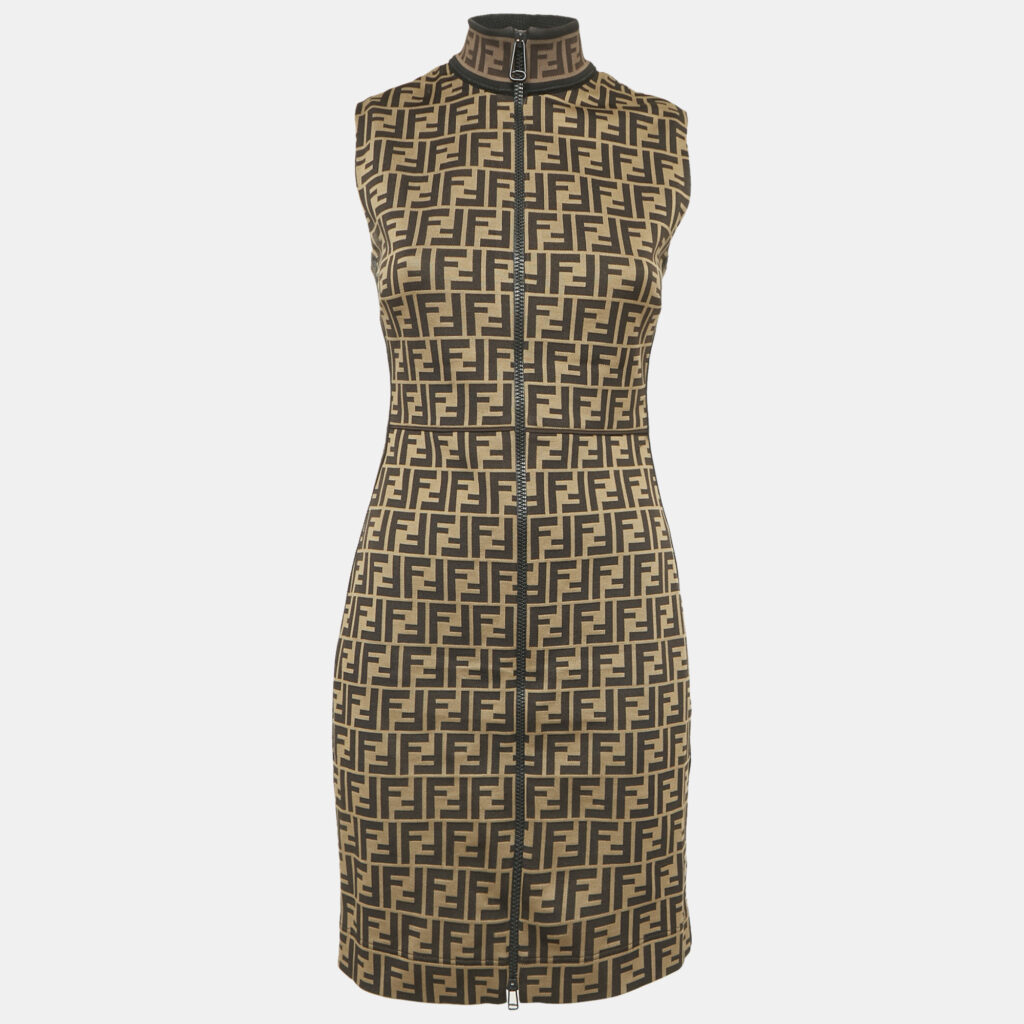 luxury-women-fendi-used-clothes-p1155939-009 Fendi Brown FF Zucca Jacquard Sleeveless Mini Dress S