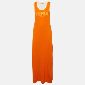 Fendi Orange Logo Print Knit Mesh Panel Detail Sleeveless Long Dress S