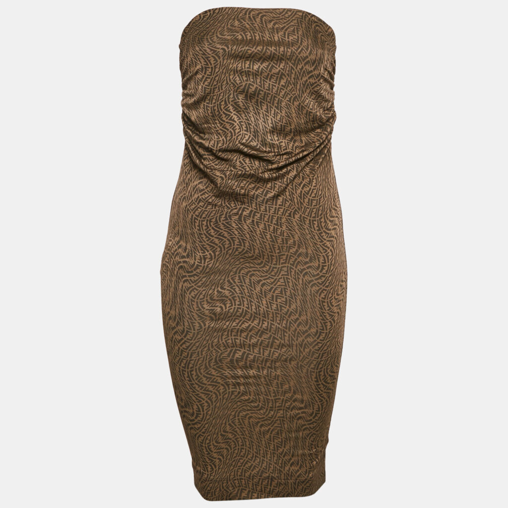 luxury-women-fendi-used-clothes-p1160046-009 Fendi Brown Monogram Jacquard Knit Ruched Midi Dress S