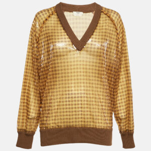 Fendi Yellow Vichy Sequin V-Neck Sweatshirt S