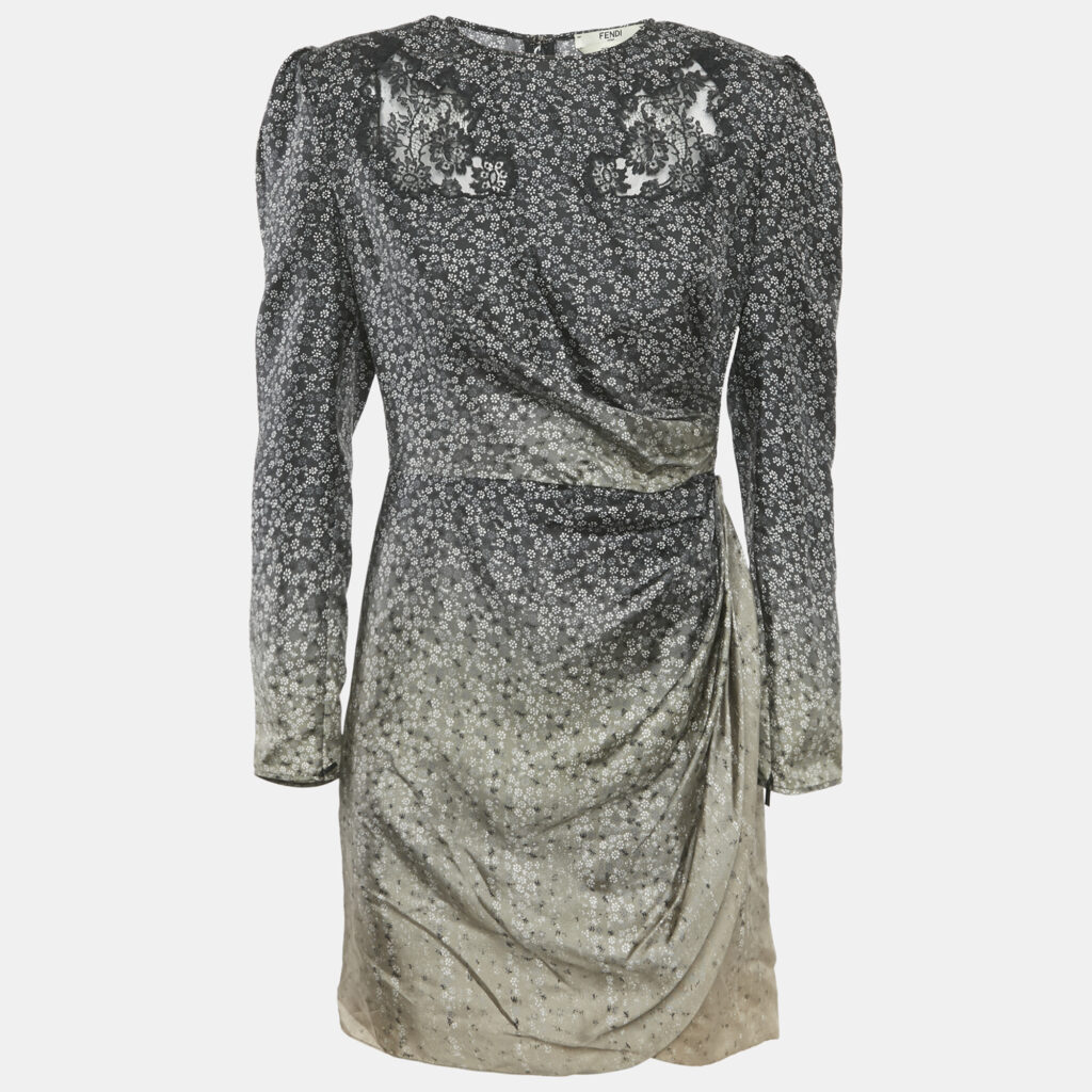 Fendi Black Floral Print Fading Silk Lace Trim Mini Dress S